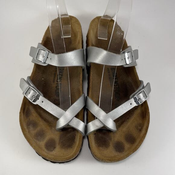 Birkenstock Mayari Sandals Womens Size 39/ 8-8.5 Silver Toe Loop Slides Birkibuc - Picture 9 of 9